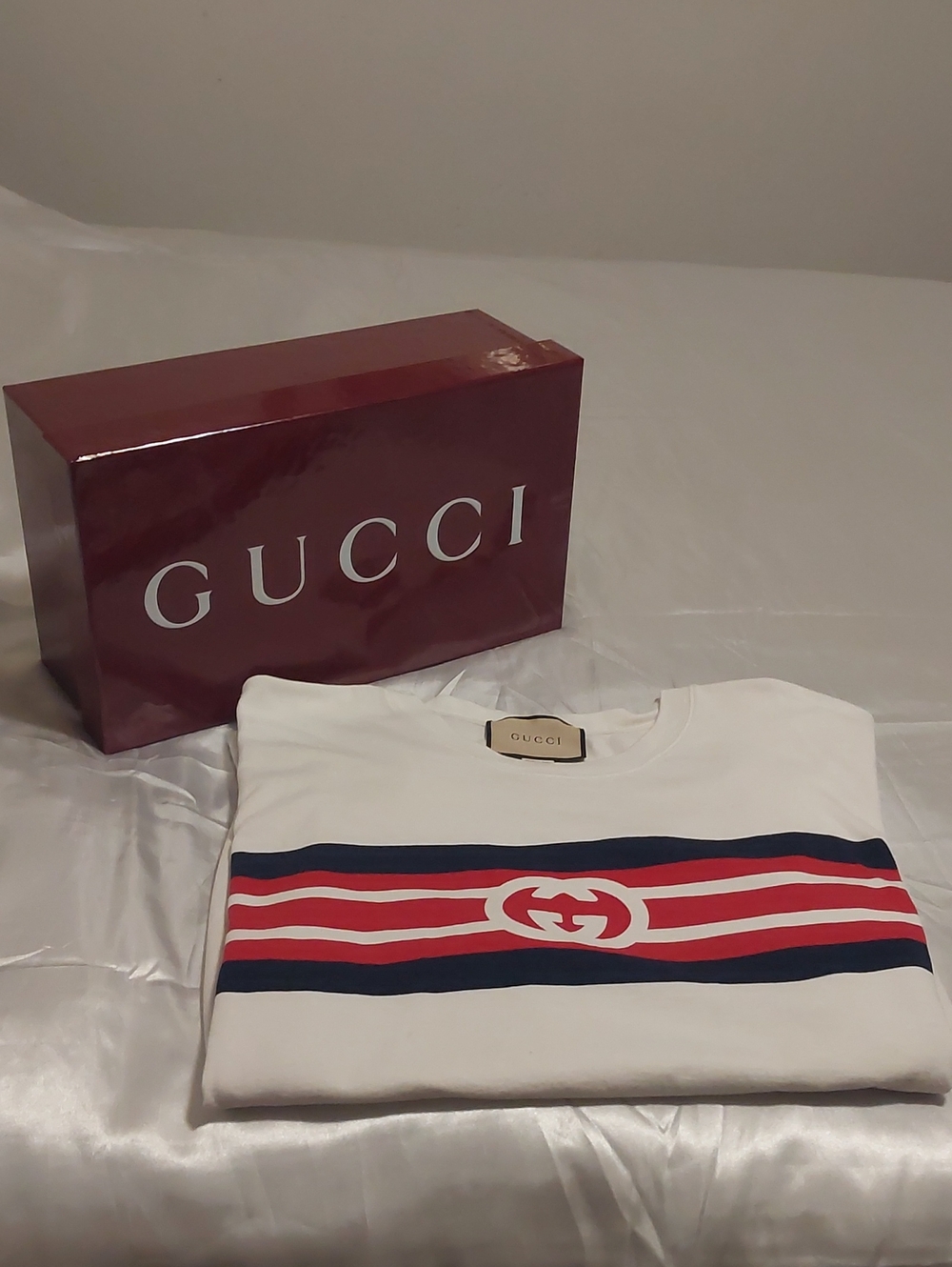 Gucci White Tee with Red and Navy Stripe and GG Emblem XL
